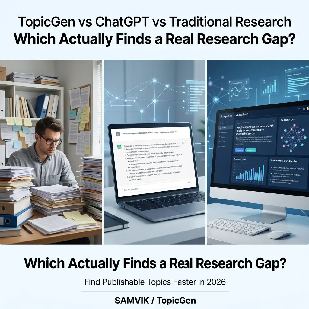 SAMVIK AI TopicGen vs ChatGPT vs Traditional Research: Which One Actually Finds a Real Gap?